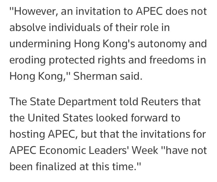 @DeputySecState says inviting John Lee doesn’t absolve him of his crimes in #HongKong. Of course; nothing can. But it would mean US sanctions on CCP & HK officials for undermining HK’s autonomy & abusing HKers’ rights mean absolutely nothing.