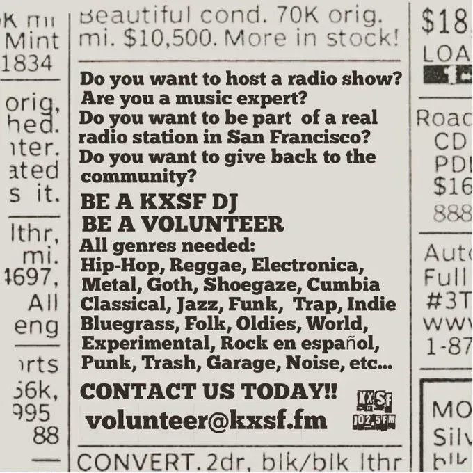 KXSF 102.5 FM needs you! If you share our passion and want to volunteer in content creation, grant writing, fundraising and more go to KXSF.fm and click on BECOME A VOLUNTEER. We need DJs, music hounds and technical types! Help us keep real radio in San Francisco