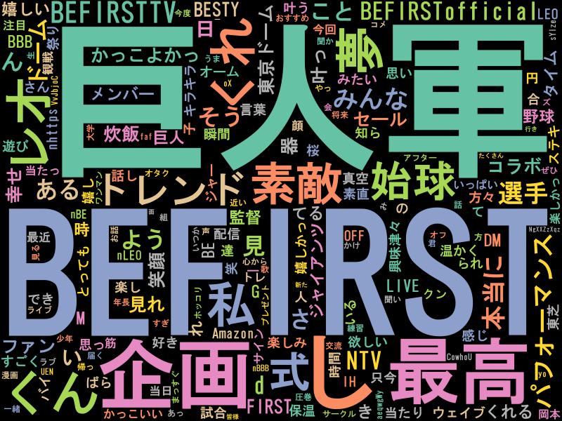PythonBot0728's tweet image. 2023/06/08 08:00のトレンド1位は #BEFIRST巨人軍ありがとう !! #python, #Mecab, #wordcloud