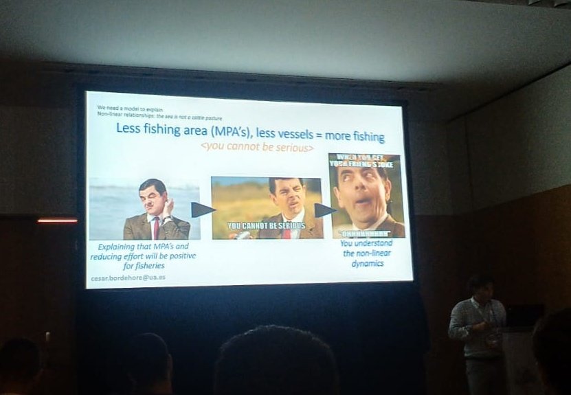 CesarBordehore's tweet photo. Explaining at #ASLO2023 how reducing #fishing effort and creating no-take marine reserves of 30% of the area it leads to an increase of catches and profits for fishermen and an increase of public revenues (VAT+profits taxation). Win-win-win. Let's do it! https://t.co/TeoUFqDely