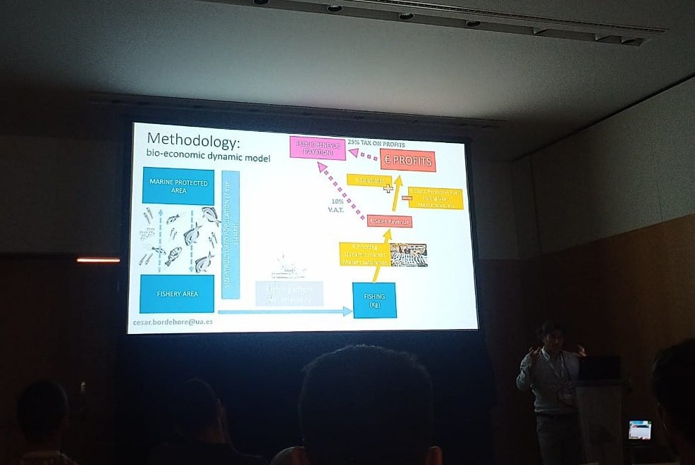 CesarBordehore's tweet photo. Explaining at #ASLO2023 how reducing #fishing effort and creating no-take marine reserves of 30% of the area it leads to an increase of catches and profits for fishermen and an increase of public revenues (VAT+profits taxation). Win-win-win. Let's do it! https://t.co/TeoUFqDely