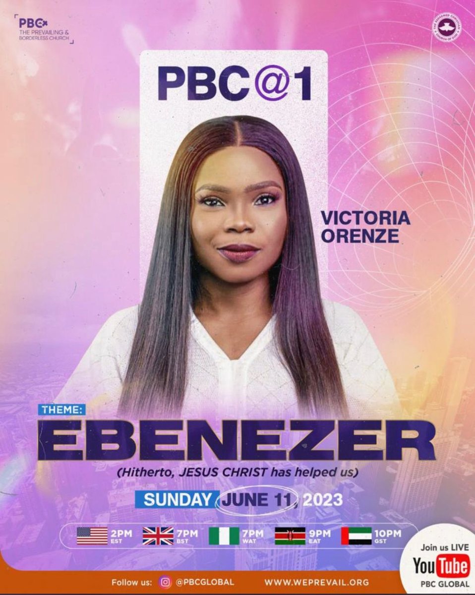 June 11th! We invite you to join us at PBC's momentous 1st Year Anniversary Service, where we will pay tribute to Jesus Christ with a captivating worship session led by @victoriaorenze . #PBC@1 #June11th #Ebenezer #YearofRighteousBoldness #PBCGlobal #RCCG #GlobalChurch'