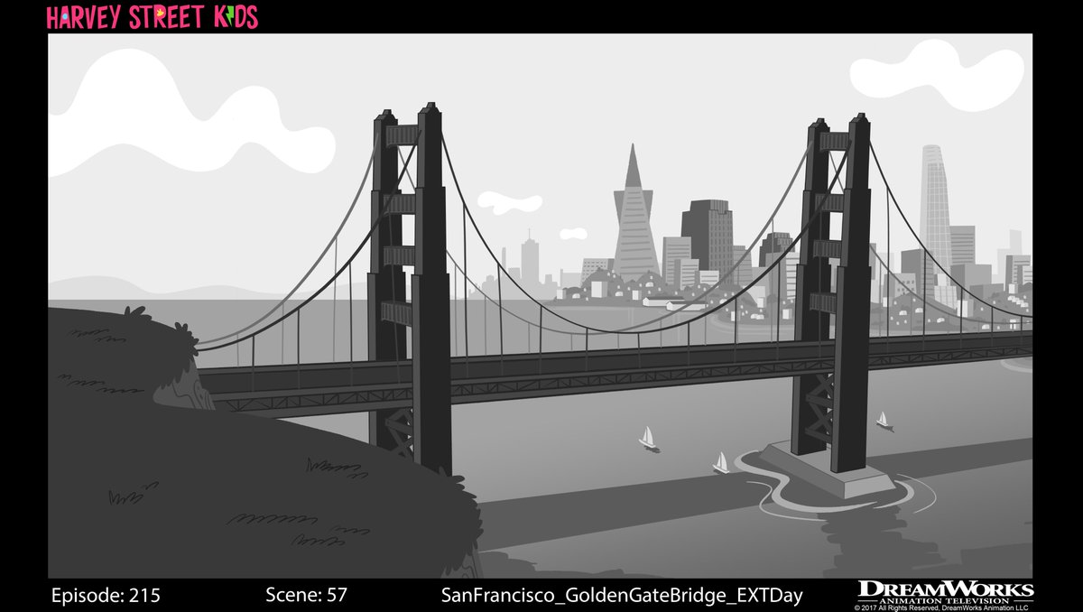 BG from Harvel Girls this was suppose to be Golden Gate Bridge when the girls took a trip to San Francisco #dreamworks #harveygirls #animationBackgrounds #animationBGs #bgdesign