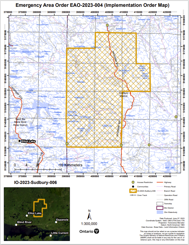 ONforestfires's tweet photo. A new Implementation Order within active #wildlandfire areas in the Sudbury District is now in effect to protect public safety and facilitate effective fire suppression. Additional evacuations of the area identified on the map are in place. Visit https://t.co/E0X45LRI5V for info. https://t.co/W4V0ZcigoU