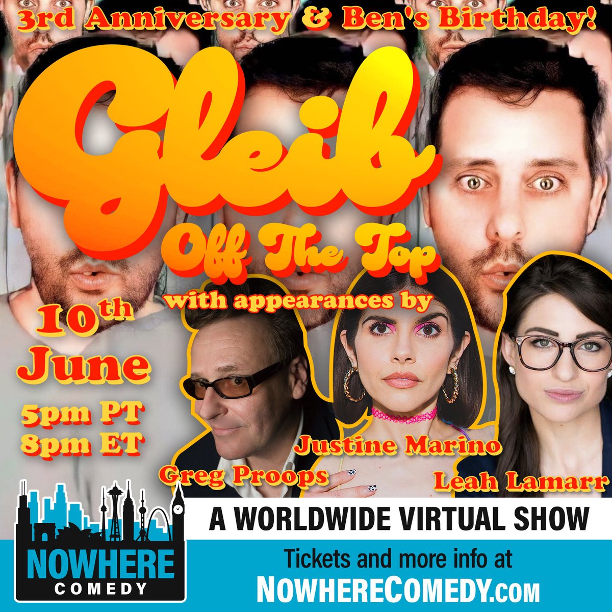 Nowhere Comedy (@nowherecomedy) on Twitter photo 🎉 SPECIAL GUESTS ANNOUNCED! 🎉 Join <a href="/bengleib/">Ben Gleib</a>'s "Gleib off the Top" bday celebration and 3rd anniversary show for an unforgettable night of laughter! Featuring @GregProops, <a href="/JustineMachine/">Justine Marino</a>, and <a href="/LeahLamarr/">Leah Lamarr</a>. Don't miss this comedy extravaganza: NowhereComedy.com 🤣🎭 🎉 SPECIAL GUESTS ANNOUNCED! 🎉 Join <a href="/bengleib/">Ben Gleib</a>'s "Gleib off the Top" bday celebration and 3rd anniversary show for an unforgettable night of laughter! Featuring @GregProops, <a href="/JustineMachine/">Justine Marino</a>, and <a href="/LeahLamarr/">Leah Lamarr</a>. Don't miss this comedy extravaganza: NowhereComedy.com 🤣🎭