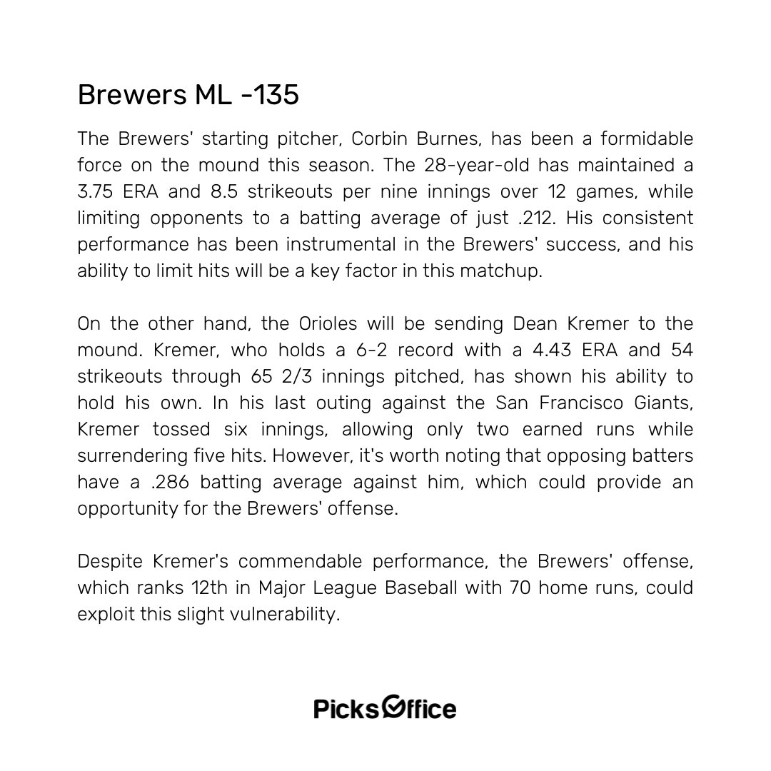Picks Office on Twitter "MLB Orioles Brewers Brewers ML 135 / 1