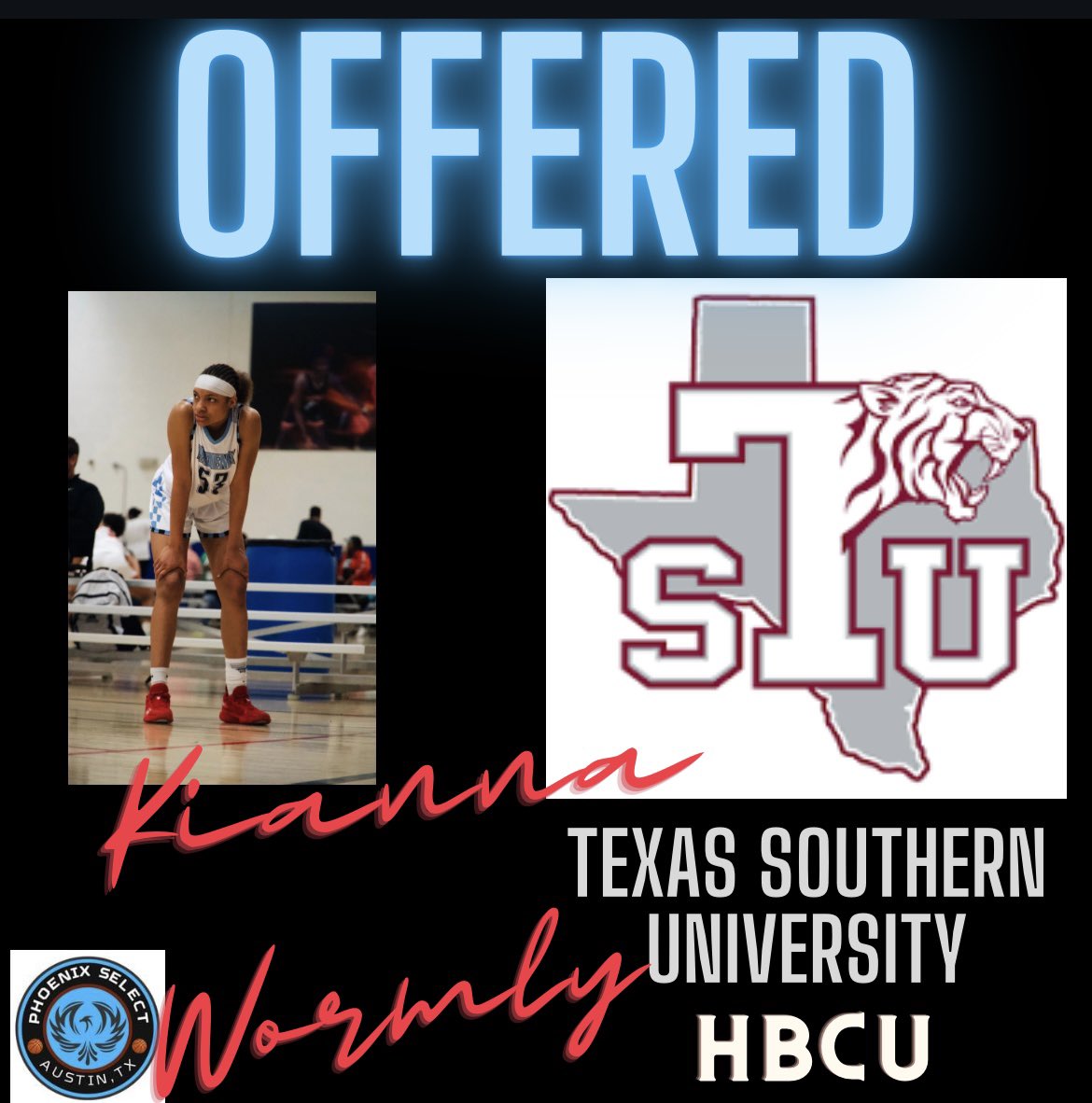 Yes ma’am!!!! <a href="/PhoenixSelect25/">Phoenix 2025</a> guard <a href="/14kianna/">Kianna Wormly</a> gets a D1 offer to <a href="/TSUWomensHoops/">TSU Lady Tigers Basketball</a> 
Extremely grateful to <a href="/CoachSkeete/">Vernette Skeete</a> &amp; <a href="/amakerjr/">Darryl Brown</a> 
#phoenixProud <a href="/TexasSouthern/">Texas Southern University</a> <a href="/LadyRangerBball/">Vista Ridge Bball</a> @c1osen <a href="/_BlakeDerrick/">Blake Derrick</a> <a href="/girlzprepreport/">Girlz Prep Report</a> <a href="/EJayArrow/">E J 🏀</a> <a href="/CoachLTid/">LARRY TIDWELL</a>