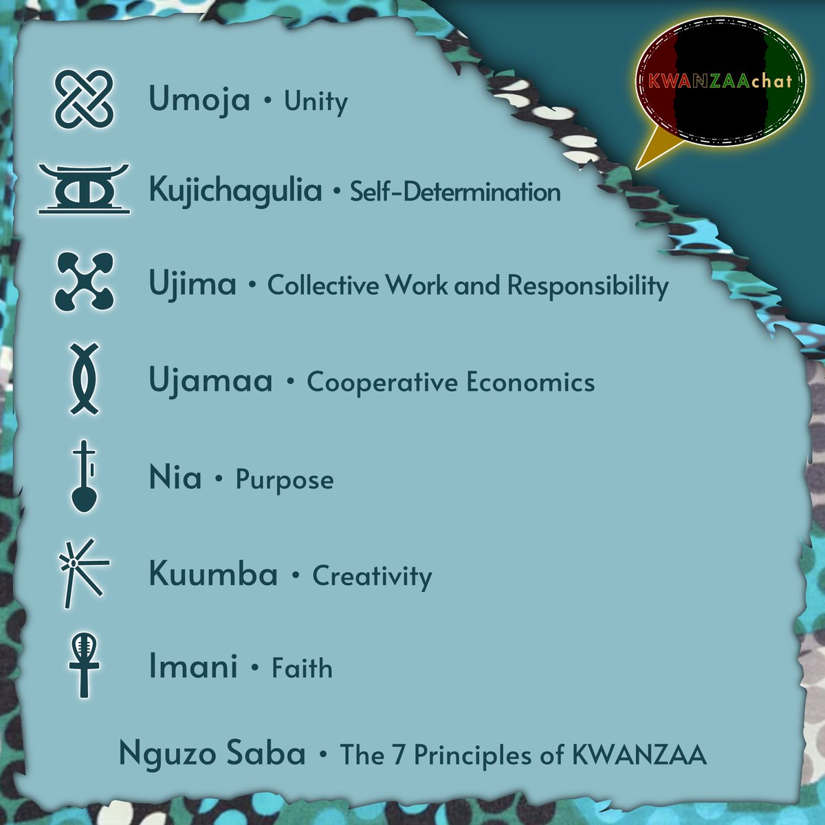 📌 These are the #NguzoSaba - the #7Principles of #KWANZAA! 

#Umoja
#Kujichagulia
#Ujima
#Ujamaa
#Nia
#Kuumba
#Imani

#KWANZAA
#KWANZAAchat
#Sankofa
#Africana 
#Ubuntu
#KWANZAAchat2023
#KWANZAAchat365 
#BlackMusicMonth 

🧵 A thread.