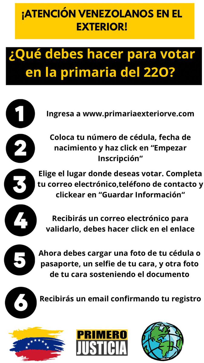 Pr1meroJusticia's tweet photo. Los venezolanos en el exterior ya pueden inscribirse o actualizar sus datos para participar en las primarias del 22 de Octubre de 2023. 

Aquí te dejamos un paso a paso 👇 https://t.co/JGB1dN8Swi