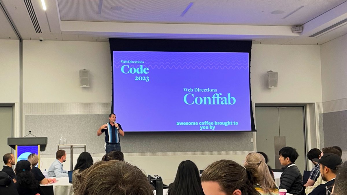 philnash's tweet image. Getting started for two days on the future of the web with @johnallsopp introducing @webdirections Code and @kennethrohde giving us the vision for new APIs in browsers. 
#WebDirectionsCode #Code23