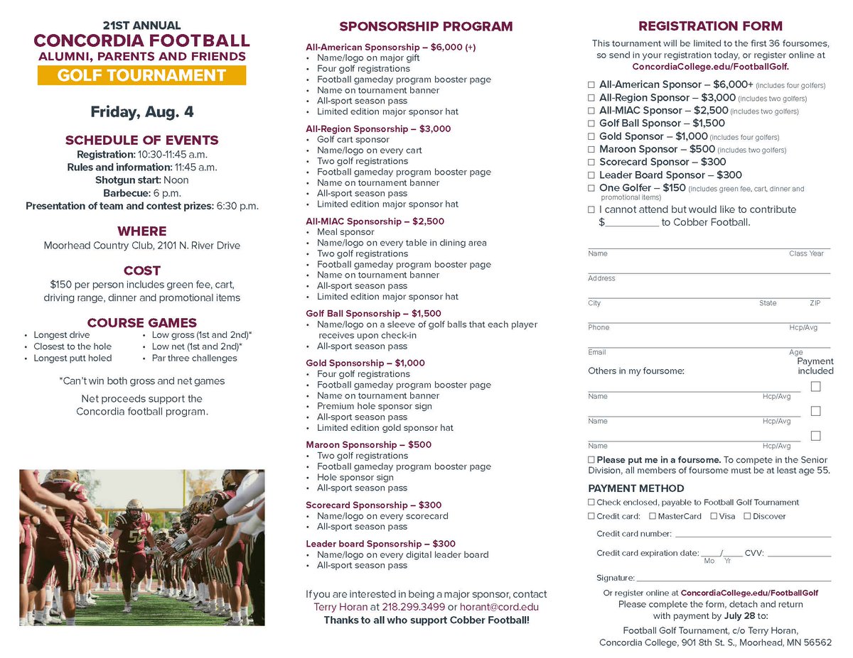 Join Cobber Football for their 21st Annual Golf Tournament at the <a href="/MoorheadCC/">MoorheadCountryClub</a> on Friday, August 4th. concordiacollege.regfox.com/2023-cobber-fo…