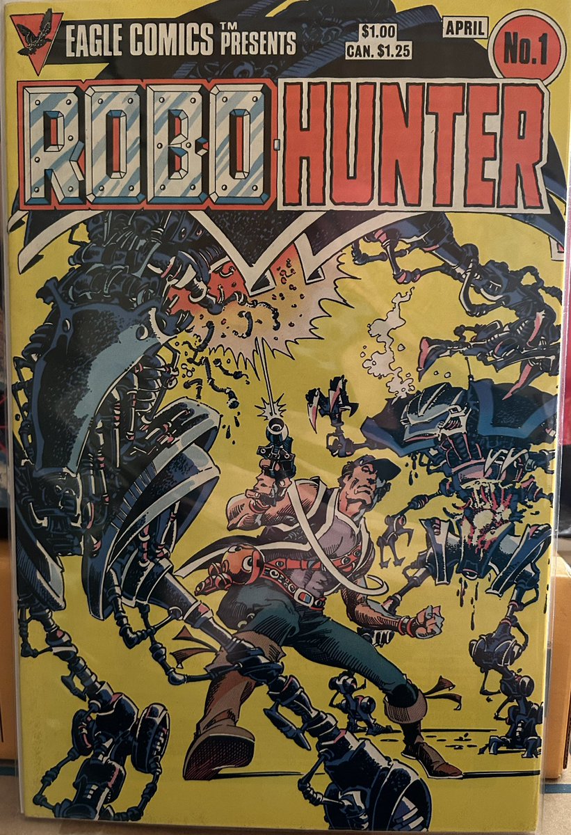 comicsmiz's tweet image. #StillOrganizingComics #RoboHunter by John Wagner and Ian Gibson. Sam Slade is the titular Robo-Hunter - a person that takes down rogue robots. The script is very tongue in cheek by Wagner with Gibson’s hundreds of visual jokes on each page.