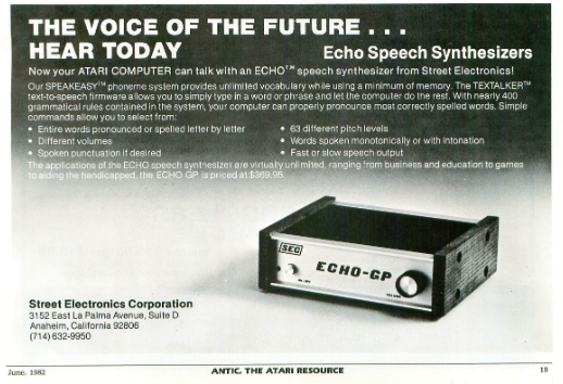 OldTechAdverts's tweet photo. A Echo Speech Synthesizers. It has unlimited vocabulary. It must use a phonetic algorithm to work out how to pronouce the words. English only I presumed.
https://t.co/BDut8gWBsZ
#Atari8bit #8bitlove #retrocomputing #retrogames https://t.co/1rWi5WCI4Z