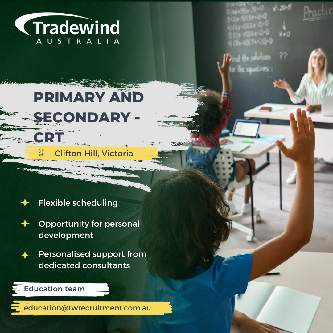 📚 Are you a Primary or Secondary qualified teacher looking for consistent CRT work? 

Join us! Enjoy the flexible schedule, gain exposure to multiple school environments and build strong relationships!

▶️ twrecruitment.com.au/job/primary-an…

#EducationJobs #TeachingJob