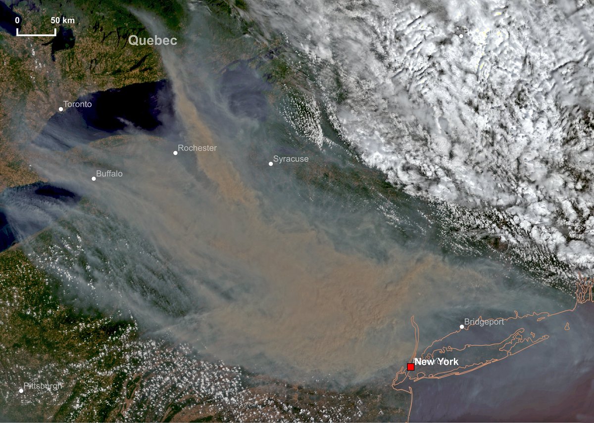 ⚠️🔴🔥🇨🇦History is made in #NewYork today:  a huge mass of smoke covering 145000Km2 from #Quebecfires was reaching the Big Apple when #Sentinel3 caught this 📸on June 7. Many #USA states are engulfed by smoke of #wildfires #Canada #ClimateEmergency #NewYorksmoke @Laurie_Garrett