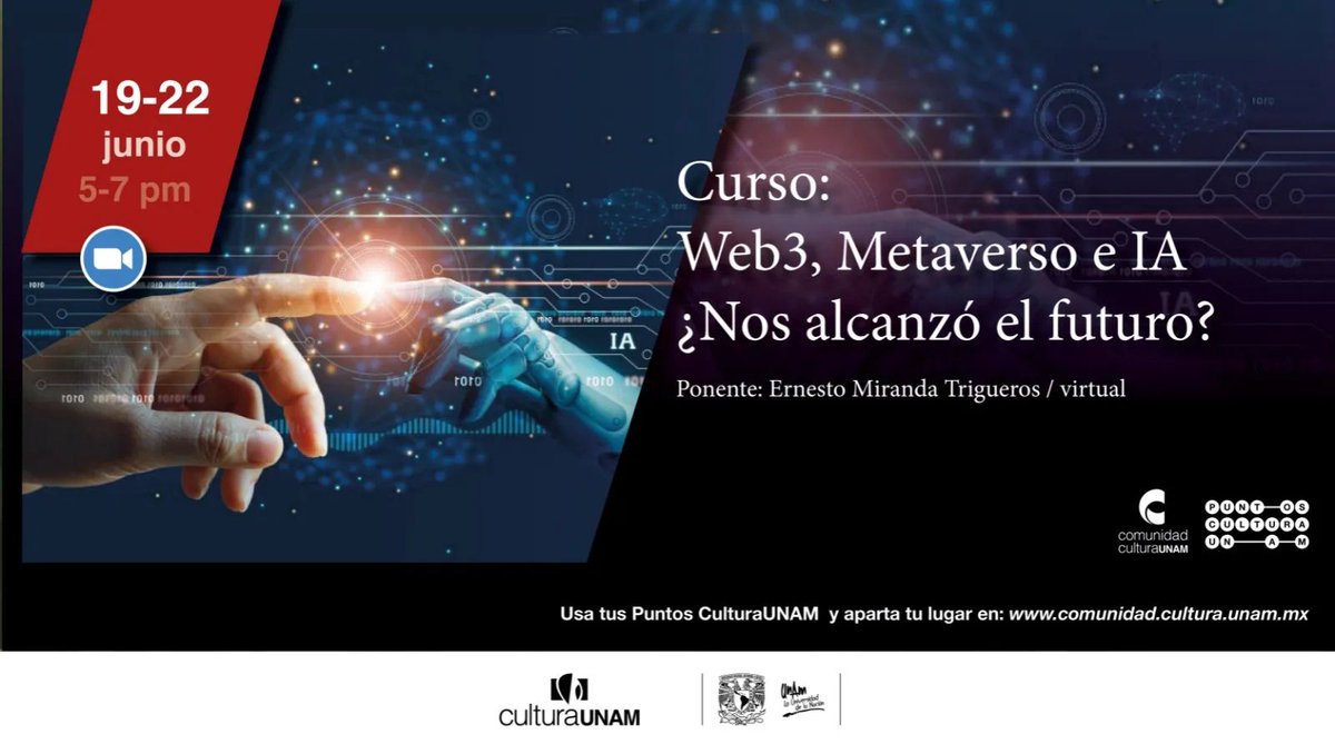 C_CulturaUNAM's tweet image. ¿Nos alcanzó el futuro?
Descúbrelo en:
Web3, Metaverso e IA.
Veremos una introducción básica a las tecnologías y conceptos relacionados con la Web3, el metaverso y la Inteligencia Artificial generativa (IA).
Atención estudiantes de #CCH 
Reserva en comunidad.cultura.unam.mx