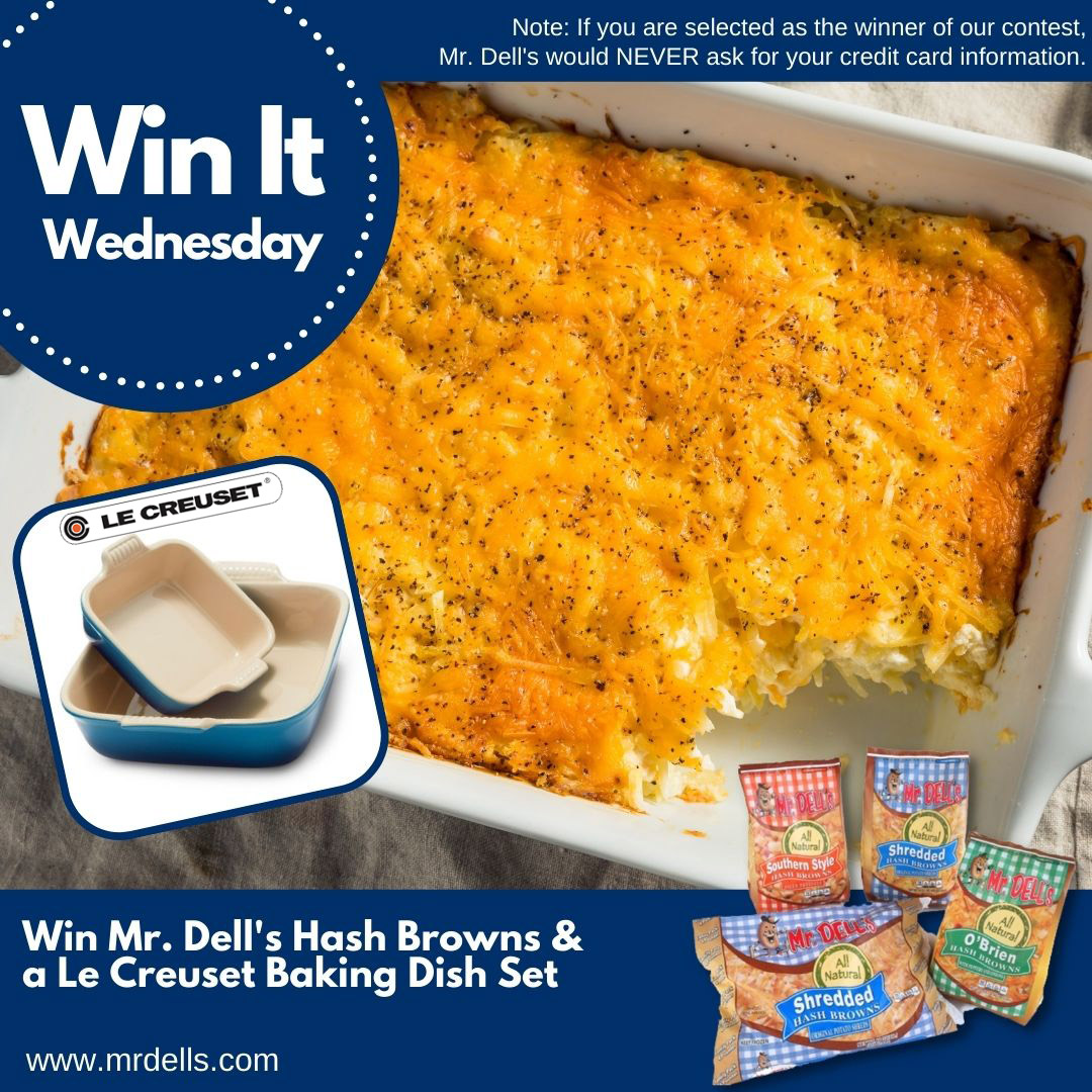 It's #WinItWednesday. Win MrDells #HashBrown Products & a Le Creuset Bakeware Set. Tell us what you will be making in this casserole dish this summer & be entered to win. (Mr. Dell's Potato Casserole recipe at MrDells.com). Like & retweet for more entries.