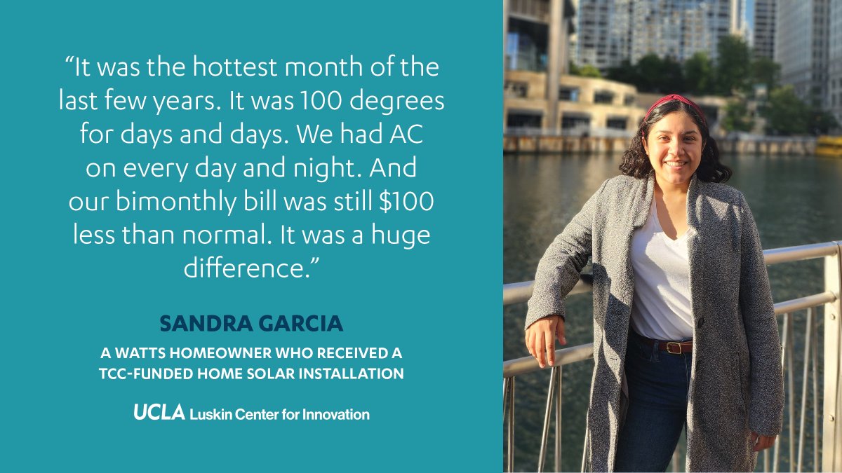 UCLA Luskin Center for Innovation (@luskincenter) on Twitter photo <a href="/WattsRising/">WattsRising</a> <a href="/UCLALuskin/">UCLA Luskin School of Public Affairs</a> <a href="/CalSGC/">SGC | CA Strategic Growth Council</a> <a href="/CAClimateInvest/">California Climate Investments</a> The <a href="/WattsRising/">WattsRising</a> program w/ <a href="/GRID_GLA/">GRID Alternatives GLA</a> provides free #solar panels, slashing Sandra’s⚡️bills and making it possible to cool homes on a budget. Higher temps make energy affordability more crucial than ever -- especially in historically redlined neighborhoods like Watts. <a href="/WattsRising/">WattsRising</a> <a href="/UCLALuskin/">UCLA Luskin School of Public Affairs</a> <a href="/CalSGC/">SGC | CA Strategic Growth Council</a> <a href="/CAClimateInvest/">California Climate Investments</a> The <a href="/WattsRising/">WattsRising</a> program w/ <a href="/GRID_GLA/">GRID Alternatives GLA</a> provides free #solar panels, slashing Sandra’s⚡️bills and making it possible to cool homes on a budget. Higher temps make energy affordability more crucial than ever -- especially in historically redlined neighborhoods like Watts.