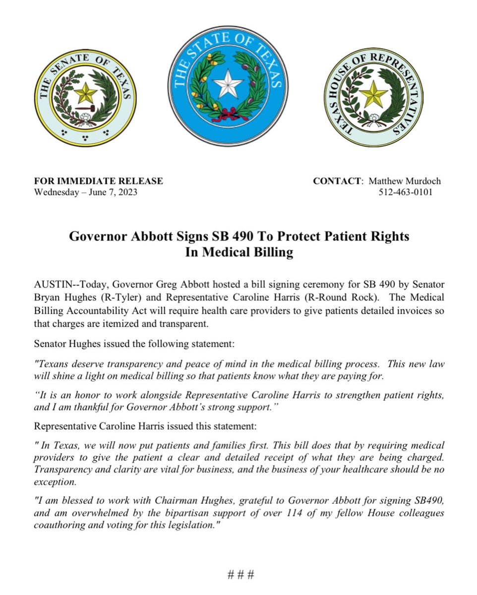 Today Governor @GregAbbott_TX signed into law SB490, requiring hospitals to provide patients with a clear and detailed receipt of what they are being charged.
 
Thank you, Senator @SenBryanHughes, for working with me in protecting patients rights. #txlege