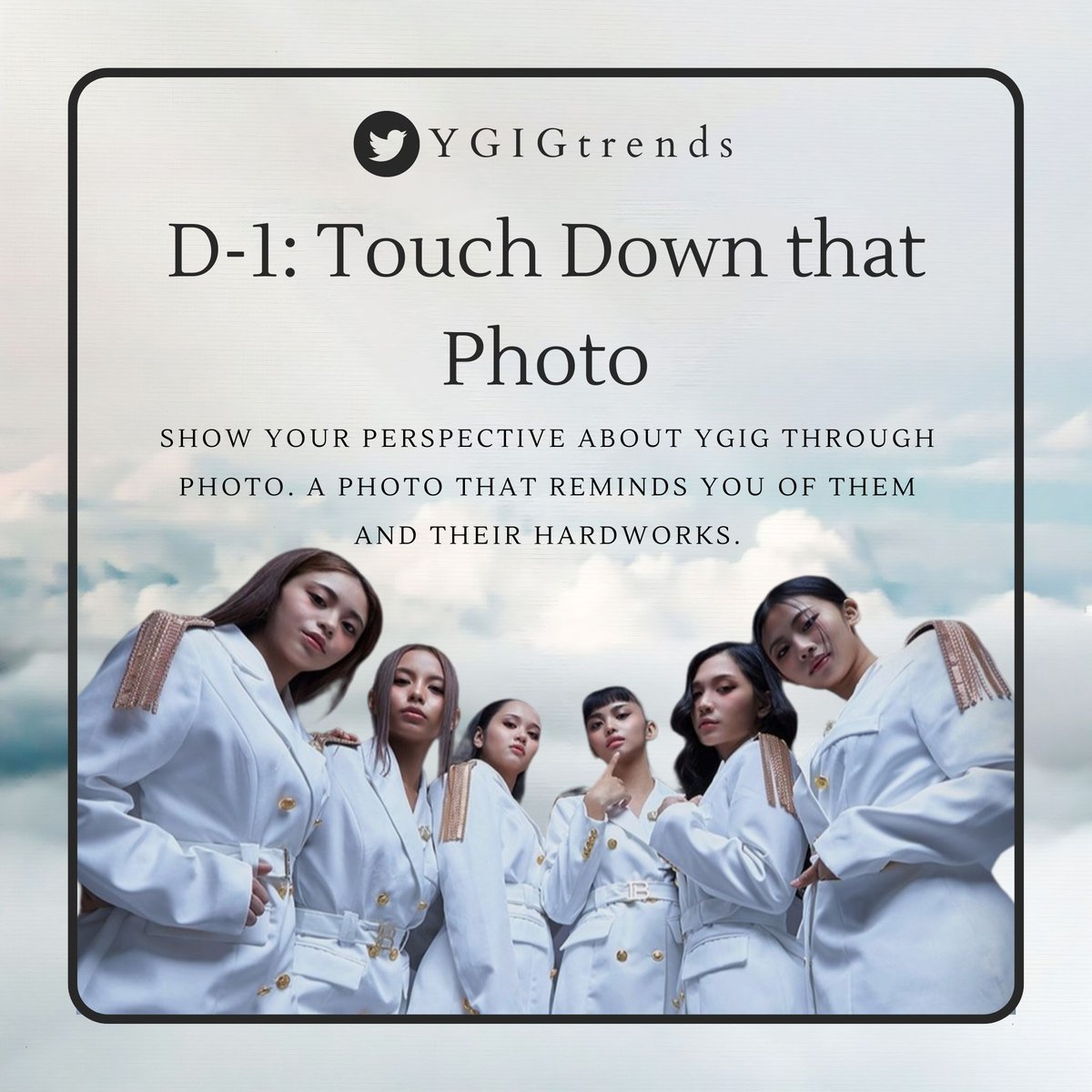 YGIGtrends's tweet photo. [⏰] COMEBACK COUNTDOWN

We are all excited for this comeback of YGIG so, we want to know your perspective about our girls through photo.

WeGo, drop a photo that you think reminds of @ygig_official and their hardworks 🍀

YGIG COMEBACK D-1
#TouchdownthatPhoto #WeGoFilm #YGIG https://t.co/uON3s6BVEI