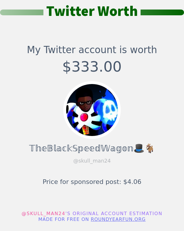 skull_man24's tweet photo. My Twitter worth is: $333.00

➡️ https://t.co/JQhlnsS4L1 https://t.co/yvki7dfNo2