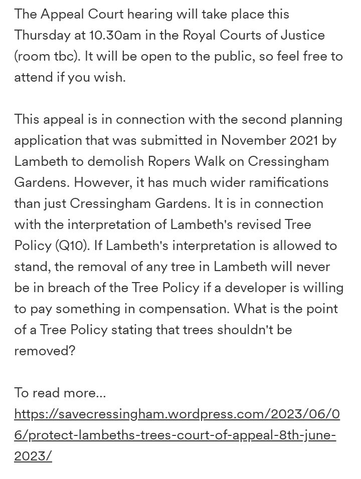 gamecounsel's tweet photo. It's not just about mindless demolition of homes, but also mindless destruction of trees in Lambeth. RCJ tomorrow at 10:30am. #Cressingham #Lambeth @DemolitionsLdn @Lambethgp @sianberry https://t.co/2luqw9Nmll