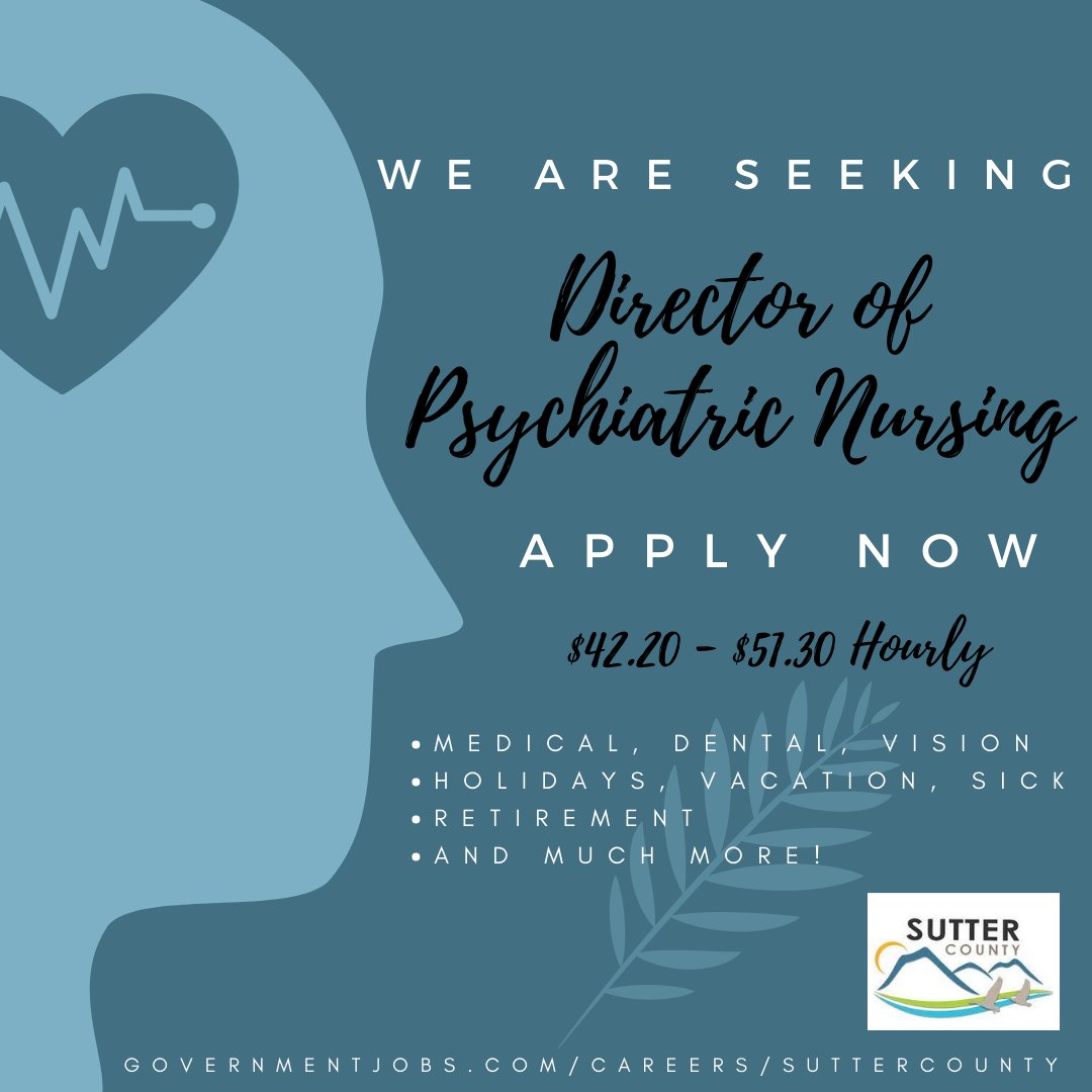 Now hiring Director of Psychiatric Nursing! Please share with anyone you know that may be interested. Visit our website to apply, link in bio.

#mentalhealth #hiring #employment #nowhiring #suttercounty #careers #suttercountyjobs