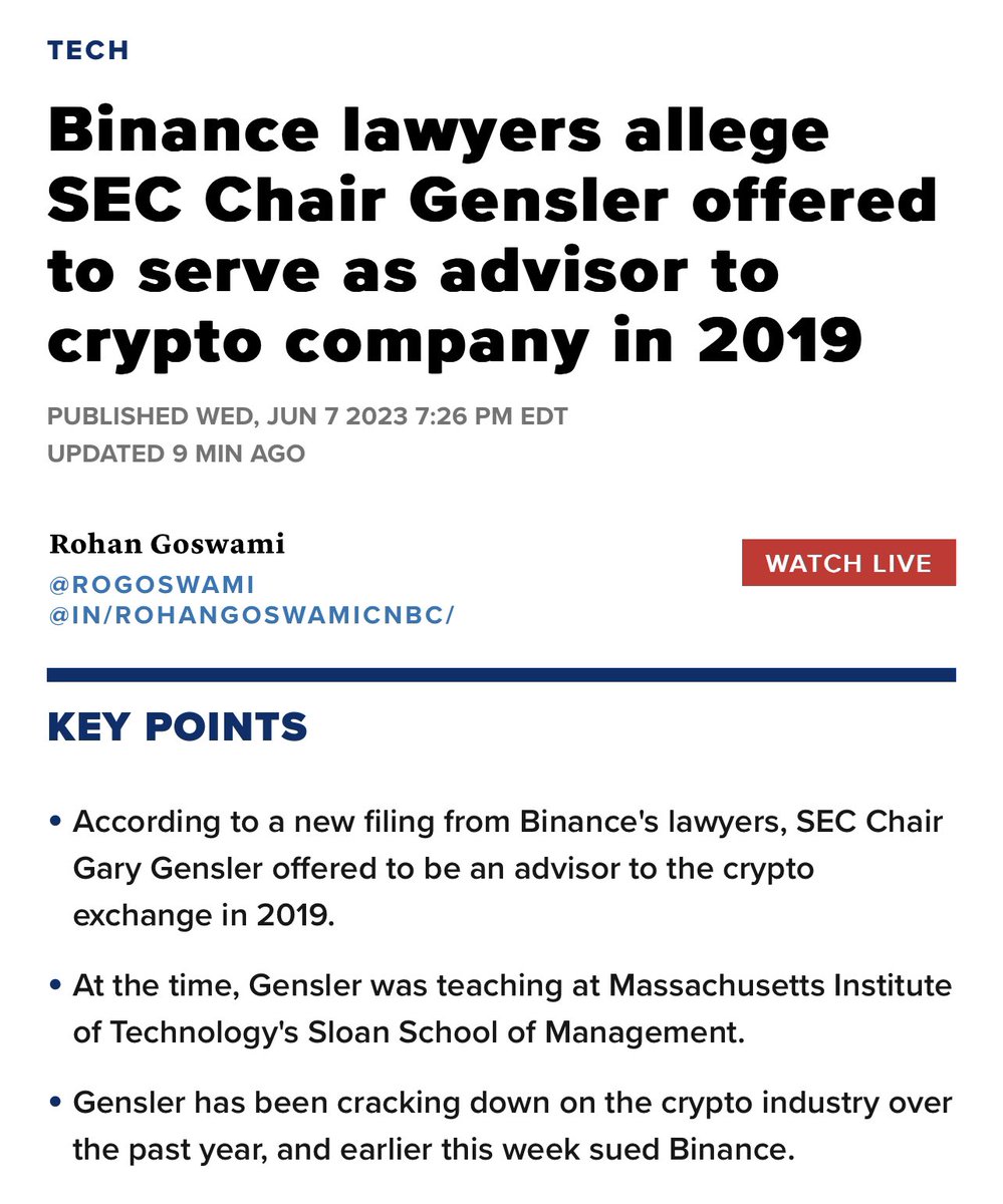 milesdeutscher's tweet photo. In 2019, Gary Gensler offered to serve as an advisor to Binance. 

In 2021, he was appointed as chair of the SEC by Biden. 

In 2023, he filed 13 charges against Binance and @cz_binance. 

🤡 https://t.co/WJ9PGXtKHO