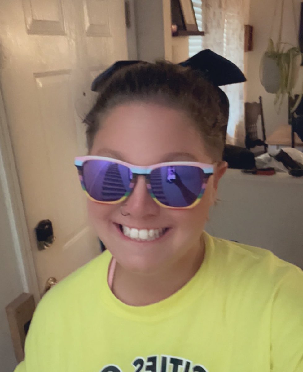 Todays softball coaching gear: neon yellow coaches shirt. Pride glasses. Giant hair bow that matches team. 

I love these girls. ❤️