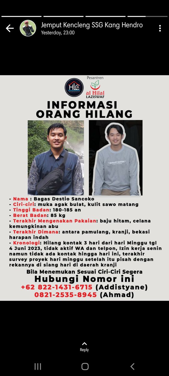 pramitakhrns's tweet photo. [INFO ORANG HILANG]

Mohon bantuannya teman-teman, jazakumullahu khaira🙏

#oranghilang #informasioranghilang #infobdg #infobekasi #infojkt 

@infobandung 
@infojakarta 
@infokarawang 
@InfoBekasi_coid https://t.co/5zHYmXzRDb