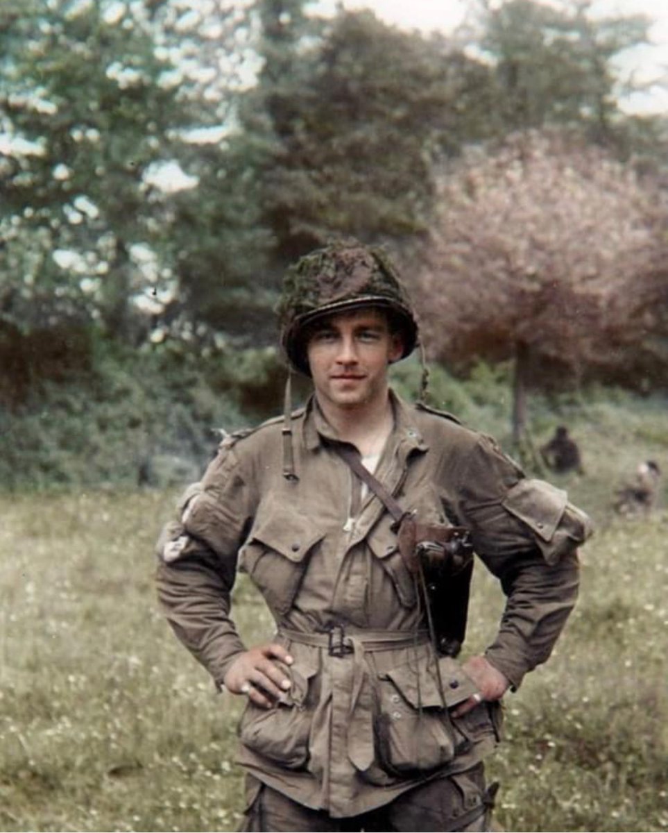 Paratrooper Forest Guth of Easy Company photographed in Normandy after making his first combat jump. 🪂

T/5 Guth would fight with Easy Company in Normandy, Market-Garden, and The Bulge. 🪖