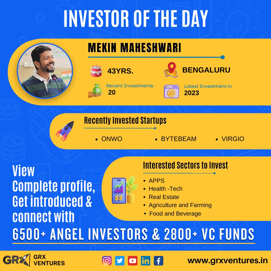 Introducing Mekin Maheshwari, today's featured #investor based in Bengaluru, aged 43. His latest #investment is in ONWO, Bengaluru. Connect now!
#Grxventures
#InvestorSpotlight
#StartupInvestments
#AngelInvestors
#VentureCapital
#BengaluruInvestor
#Chatbot
#DatingSocialNetworks