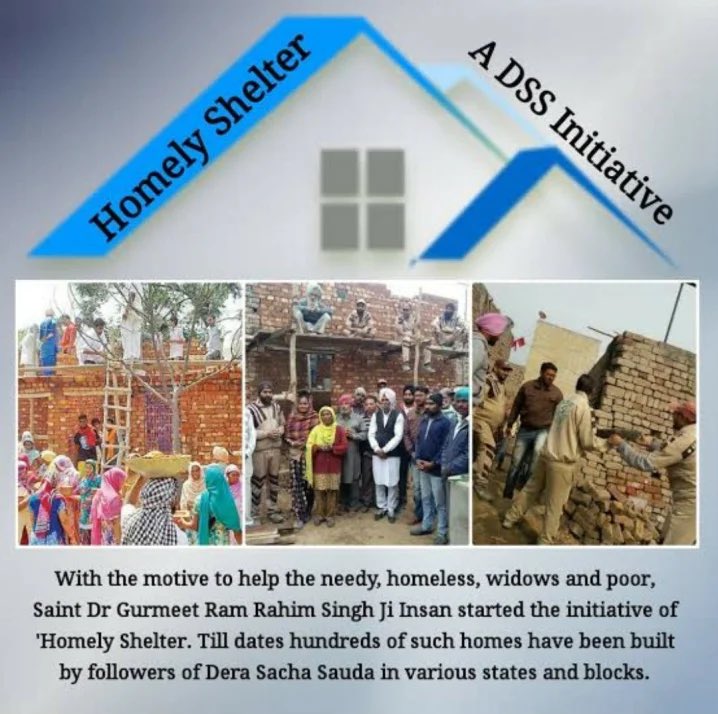 Follower of Dera Sacha Sauda themselves build home for the needy free of cost. Thousand of families are living happily because of having their own home.
#HomelyShelter 
#FreeHomesForNeedy
#HomeForHomeless 
#AashiyanaMuhim
#DeraSachaSauda
#SaintDrGurmeetRamRahimSinghJi #RamRahim