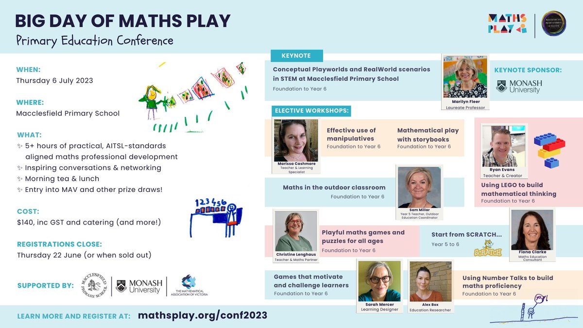 mathsplay_org's tweet photo. 2 weeks left to register!
Getting excited to connect with other teacher, leader & researcher learners and enjoy playful maths learning opportunities
Thanks to support from @maths_vic @MonashEducation, & others, this will be a great value, powerful day of #PrimaryMathsPD https://t.co/HrWGcLlVDk