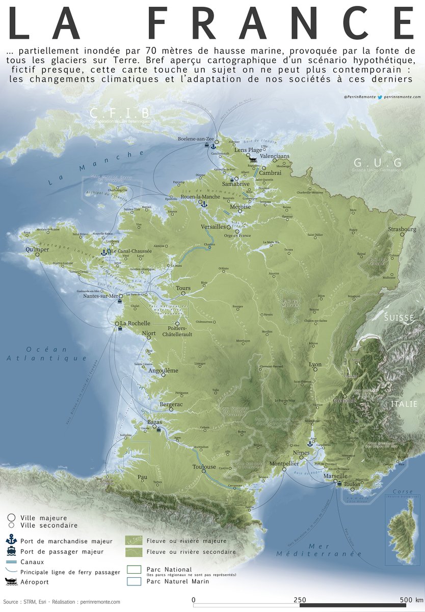 PerrinRemonte's tweet image. Après un peu d'attente (le temps que l'eau monte sur le reste du territoire Français) je vous présente la carte de France si tous les glaciers fondaient. Toujours pour rire bien sûr, comme la dernière :)