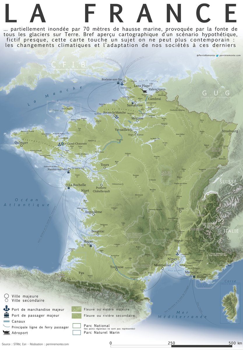 Après un peu d'attente (le temps que l'eau monte sur le reste du territoire Français) je vous présente la carte de France si tous les glaciers fondaient. Toujours pour rire bien sûr, comme la dernière :)