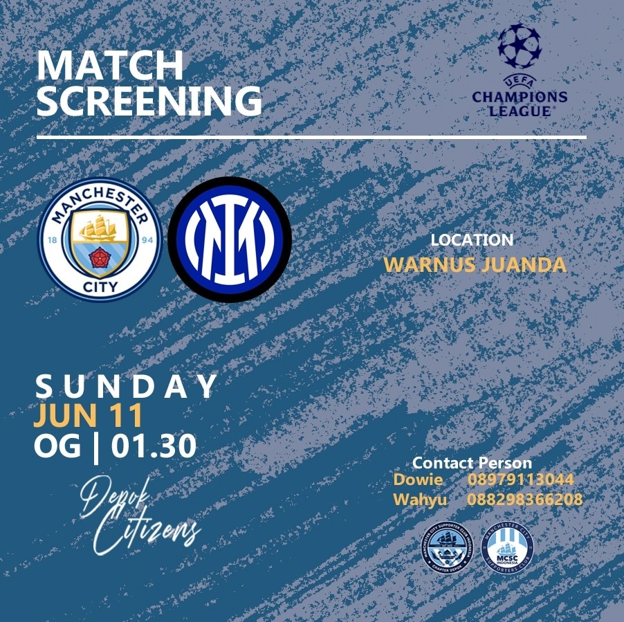 LIVE SCREENING BIG MATCH FINAL CHAMPIONS LEAGUE!

🕧 open gate : 01.00 wib
🗓️ tanggal     : minggu 11 juni 2023
📍 lokasi        : Warnoes Juanda
💰 HTM          : 35K (PRESALE) / 45K (OTS)

#decitizens