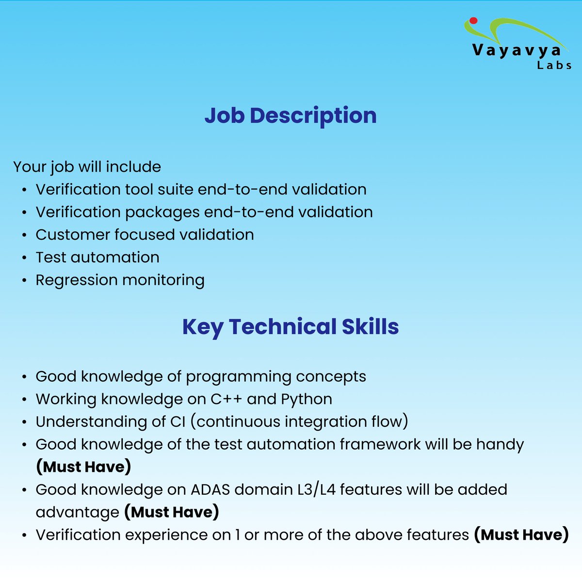 vayavya's tweet image. 🚗 Ready to drive the future of autonomous vehicles?
🔎 We're looking for a skilled Validation Engineer with expertise in #ADAS/AV validation methodologies and tools.
Apply: lnkd.in/gesyRQZa
#ValidationEngineer #hiring #automotivesoftware #automotivejobs #HIRINGNOW