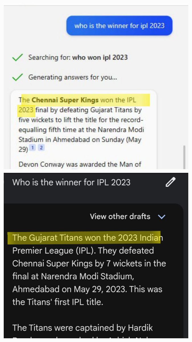 Sujayaswin's tweet photo. Google Bard is so inaccurate on regular news and updates. CHATGPT excels in this type of scenarios
@Google @GoogleAI @OpenAI @Microsoft @bing https://t.co/J7vkAwX8Ff