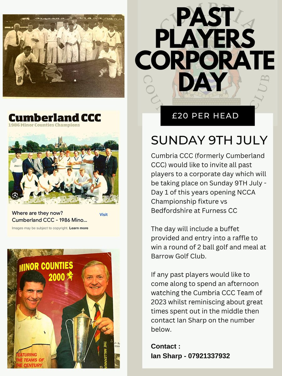 CUMBERLANDCCC1's tweet photo. 𝓟𝓪𝓼𝓽 𝓟𝓵𝓪𝔂𝓮𝓻𝓼 𝓓𝓪𝔂

On Sunday 9th July we would like to invite all past Cumbria CCC (formerly Cumberland CCC) players to @FurnessCC for a Past Players Corporate Day! 

Please see all details below including contact details ⬇️ https://t.co/21pGgeOAho