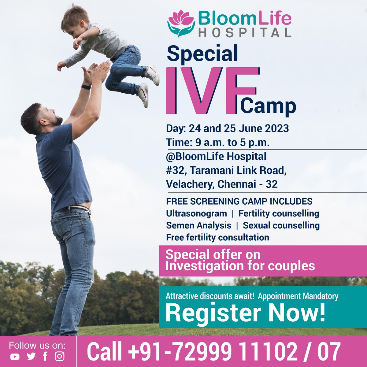 Consult the best fertility specialists at BloomLife Hospital's 𝐈𝐕𝐅 𝐜𝐚𝐦𝐩. Make your parenting dream a reality with free screenings and discounts. Register now! 🌱👶 

#IVFCamp #ParentingDreams #FertilityConsultation #IVFJourney #BloomLifeHospital