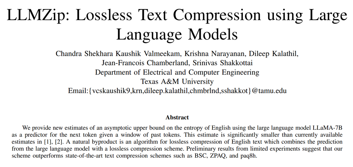arankomatsuzaki's tweet photo. LLMZip: Lossless Text Compression using Large Language Models

- Performs lossless compression of English text by combining LLM with a lossless compression scheme
- Significantly outperforms SotA text compression schemes

https://t.co/V3dVTKyN2l https://t.co/pAU52SjUBy