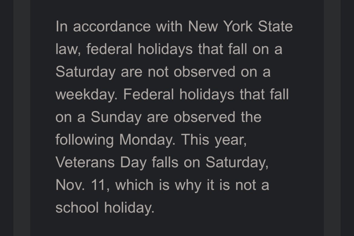 educatorsofnyc's tweet photo. @UFT just sent this out to CLs to explain why they accepted the DOE’s choice to not observe Veteran’s Day on Friday 11/10 like most NYS districts do + other holidays like the last 2 days of Passover. The language is carefully crafted but did they simply accept this as is? Or do these laws and policies only apply to NYC? What did they not fight to negotiate? Why not?