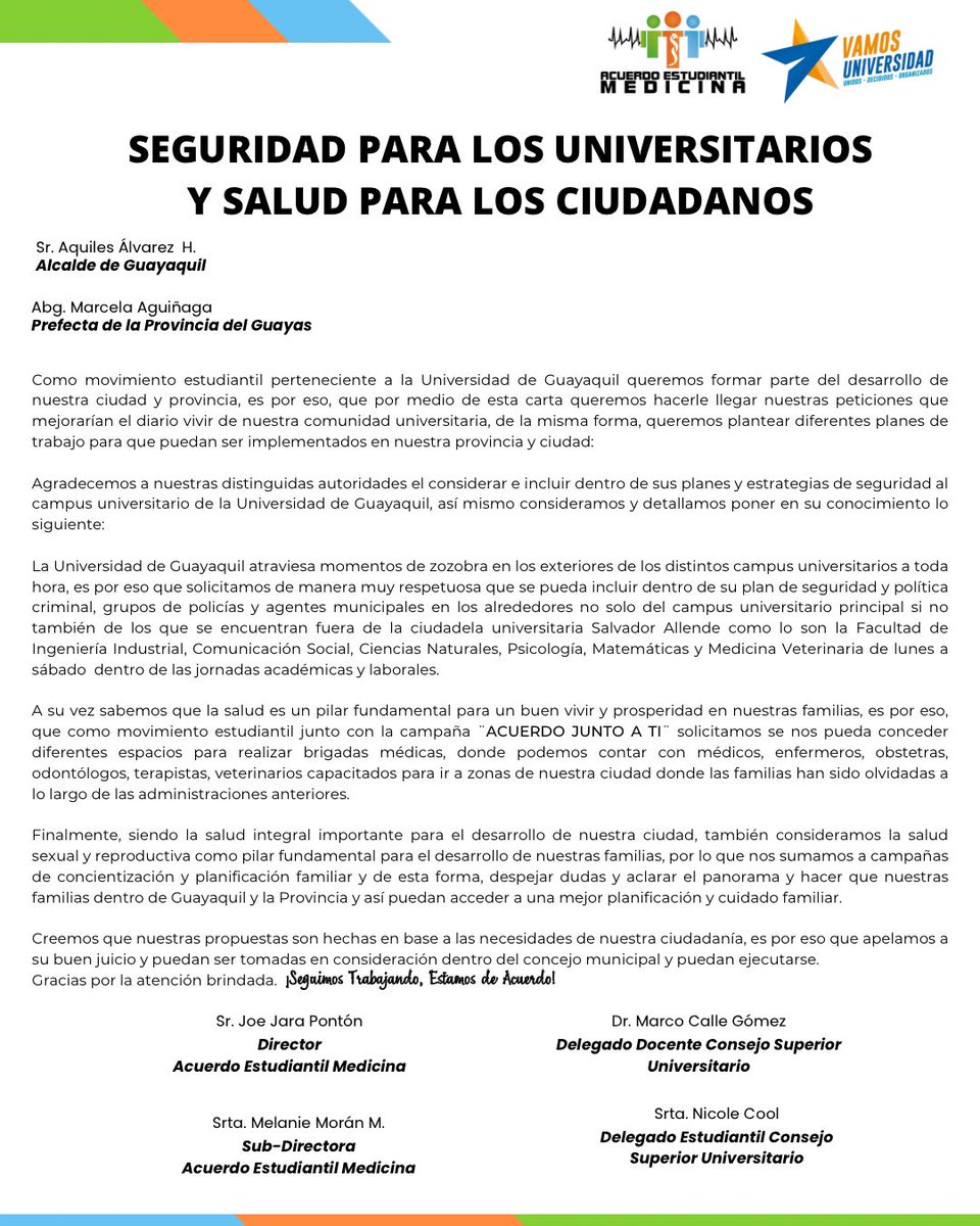 MedicinaAcuerdo's tweet photo. Cómo movimiento estudiantil queremos ser parte del cambio en nuestra ciudad y provincia por eso expresamos de manera respetuosa nuestras peticiones e ideas y esperamos puedan ser receptadas positivamente.
@aquilesalvarez @marcelaguinaga @PrefGuayas @JulyAlvarezLoor @alcaldiagye https://t.co/g9DwM2UJMt
