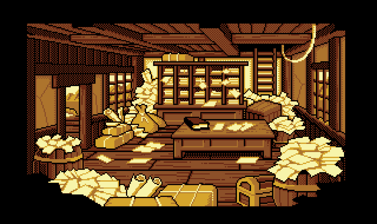 TheSpecialKarl's tweet photo. The remake of the Dock House Interior background I've done for the book 1 of the Betrayed Alliance game by @slattstudio, using "SATURATED GOLD 8 by Patser Hunger" color palette from #rejectedpalettes.
@RejectedPalette #randomRPL #pixelart https://t.co/oAIeAqcPYS