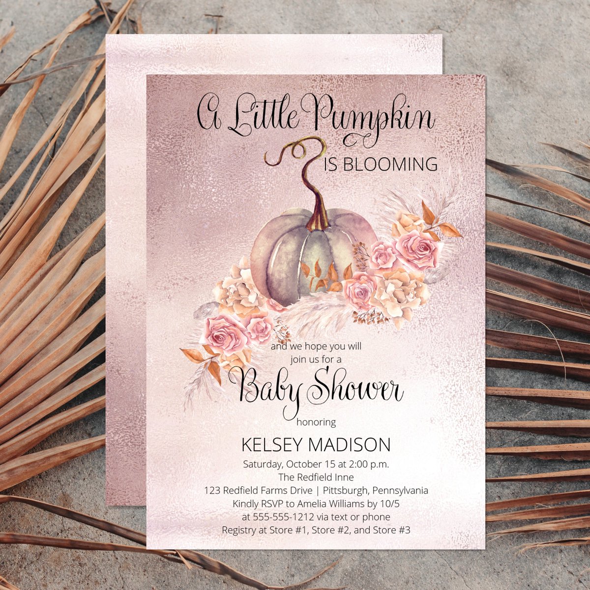 A Little Pumpkin Is Blooming' pink Baby Shower collection for fall.  

zazzle.com/collections/a_…

#babyshower #fallbabyshower #fall #autumn #pumpkin #alittlepumpkin #babyisblooming #bohochic #boho #bohemian #floral #pinkfloral #pampasgrass  #zazzlemade #holidayheartsdesigns