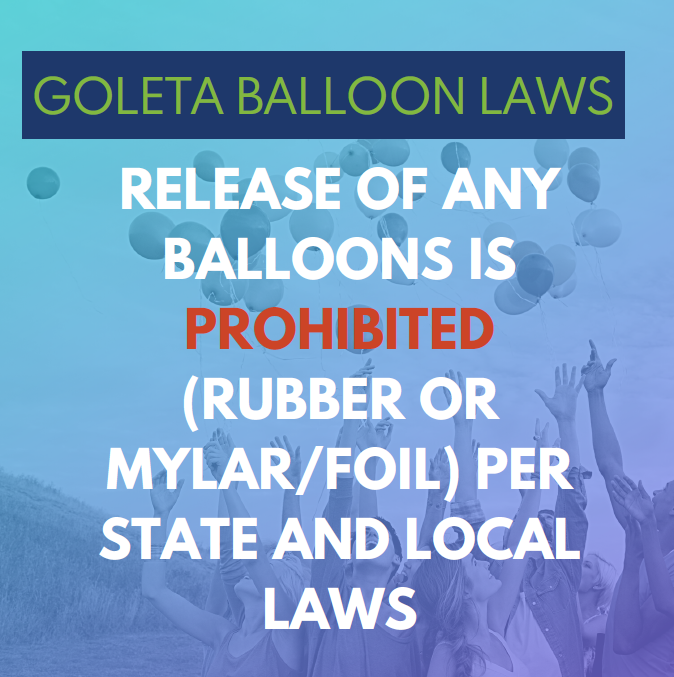 CityOfGoleta's tweet photo. As part of the #PlasticFreeGoleta initiative, mylar/foil balloons cannot be sold in the #CityofGoleta or used in public spaces under our new ordinance. Balloons are known to be bad for the environment, harm wildlife, and cause power outages.

Thank you for doing your part! https://t.co/N4eyCuTtNI
