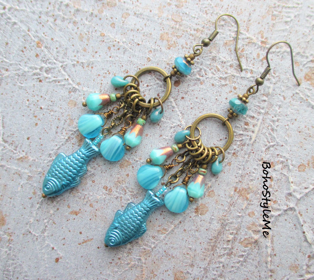#aqua #fish #aquafish Boho Style Me, Blue Ocean Dangle Assemblage Earrings, BohoStyleMe, Modern Hippie Handmade Beaded Earrings