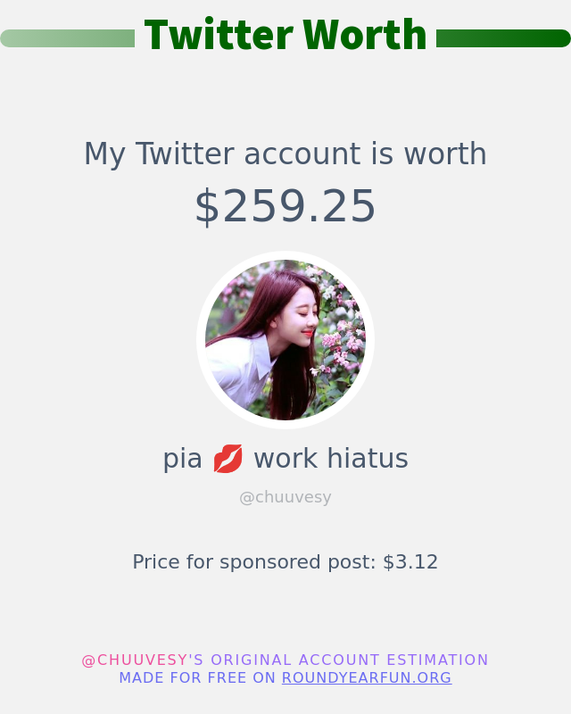 chuuvesy's tweet photo. My Twitter worth is: $259.25

➡️ https://t.co/LtSABdBz4M https://t.co/SUhhP7BEUI