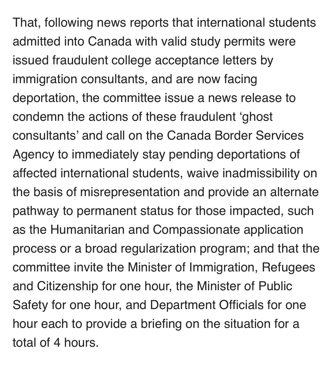 JennyKwanBC's tweet photo. I moved 2 motions at the immigration committee today in support of the international students subjected to exploitation scheme.  Here are the final language of my 2 motions that were passed. #Stopdeportation #standforstudents @MWACCanada https://t.co/cLOZBE1Fm7